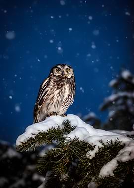 Owl in Snowy Forest at Night