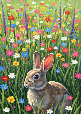 Bunny in a Field of Flowers