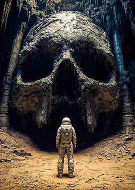 Astronaut Faces Colossal Alien Skull