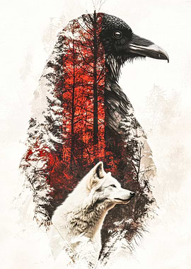 Wolf and Raven Double Exposure