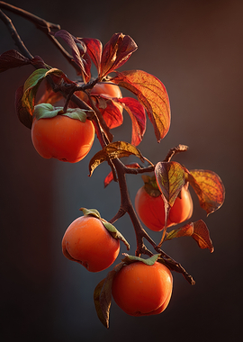 Persimmons on a branch in autumn
