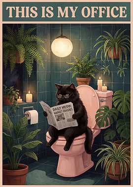 Cat reading newspaper in bathroom