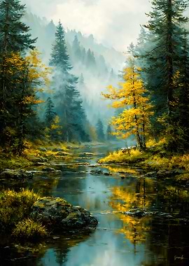 Misty Autumn Forest Stream Painting