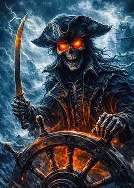 Skeleton Pirate Captain at Helm