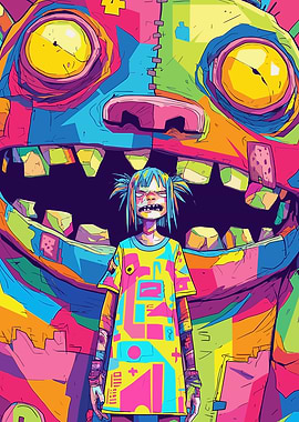Vibrant Monster and Girl Illustration