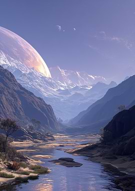 Alien Planet Landscape with River and Mountains