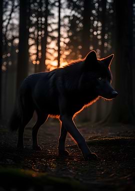 Black Wolf in Forest Sunset