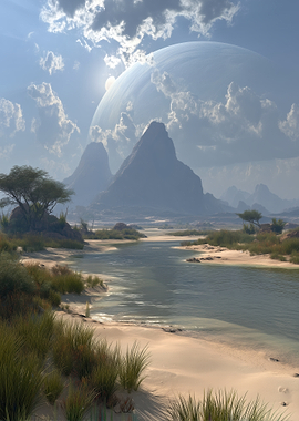 Alien Planet Landscape with River and Mountains