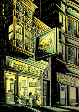 Bob's Burgers storefront at night
