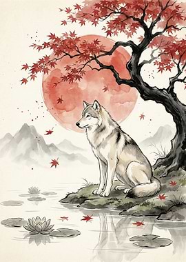 Wolf under a red moon and maple tree