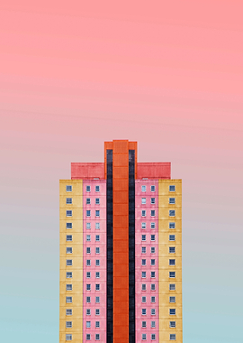 Colorful High-Rise Building Against Gradient Sky Architectural Pattern