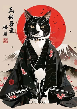 Samurai Cat with Mount Fuji
