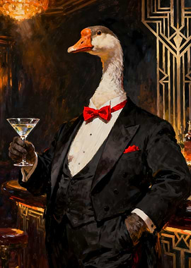 Dapper Goose in a Tuxedo with Martini