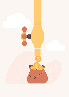 Money pouring from a tap into a bag