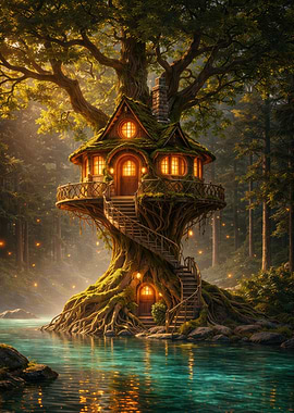 Enchanted Treehouse by a Mystical Lake
