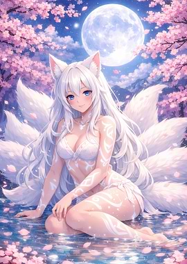 Kitsune Girl by the Moonlit Lake
