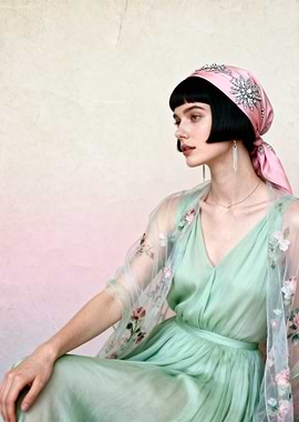 Elegant Woman in Mint Green Dress and Pink Scarf