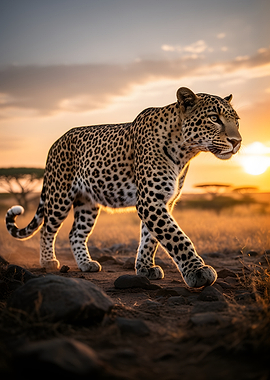 Leopard walking at sunset
