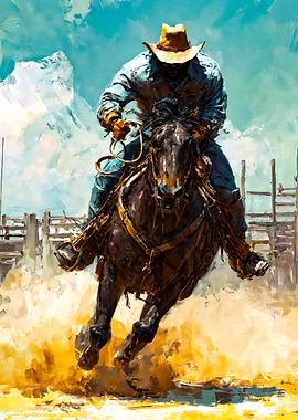 Dynamic Cowboy Horse Rodeo Painting