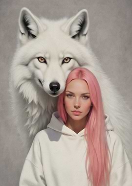 Woman with Pink Hair and White Wolf