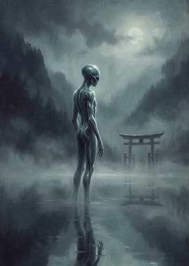Alien in a Misty Japanese Landscape