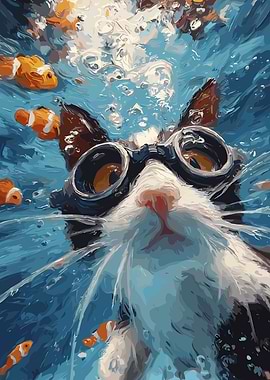 Cat wearing goggles underwater with fish