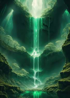 Emerald Cascade — Ethereal Glowing Waterfall in a Secret Cavern