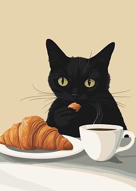 Black cat eating croissant with coffee