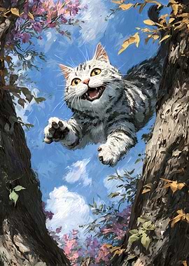 Joyful Cat Leaping Through Trees