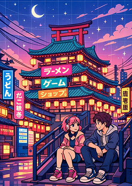 Anime Couple in Japanese Cityscape
