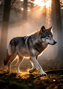 Wolf walking in a misty forest at sunrise