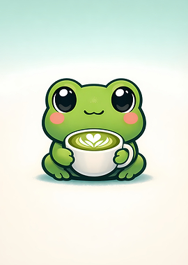 Cute Frog Holding Matcha Latte