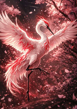 Red-Crested Crane in Cherry Blossoms