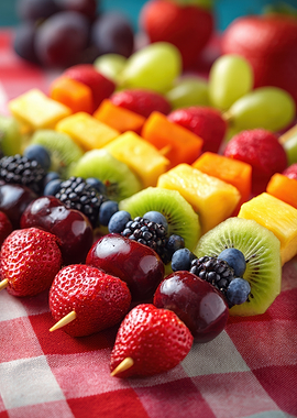 Colorful Fruit Skewers on Picnic Blanket