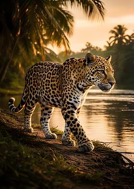 Jaguar by the River at Sunset