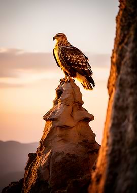 Eagle perched on rock at sunset