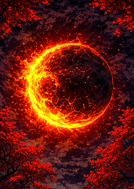 Fiery Planet with Red Maple Trees