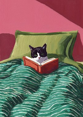 Cat Reading a Book in Bed