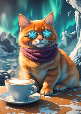 Cat with Snowflakes Glasses and Coffee