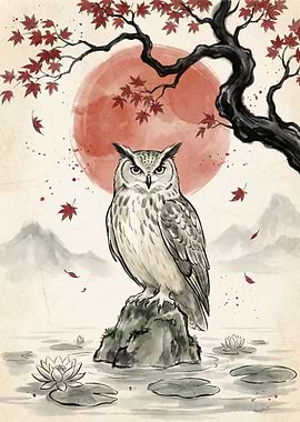 Owl in Japanese ink painting style