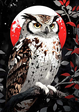Majestic Owl in Front of a Red Moon