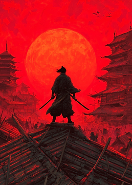 Samurai Warrior Under a Red Moon