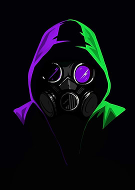 Hooded figure with gas mask