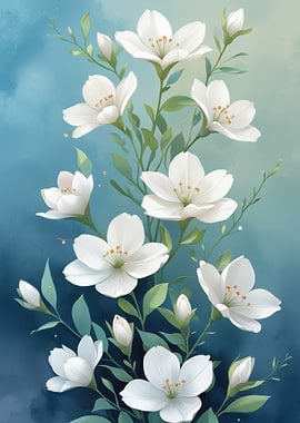 White Jasmine Flowers on Blue Background