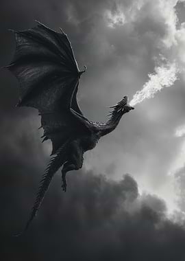 Dragon Breathing Fire in Stormy Sky