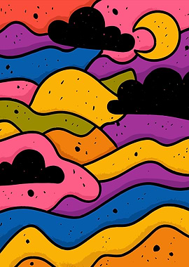 Abstract Wavy Landscape with Moon