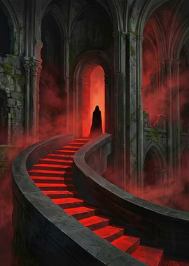 Mysterious figure on red glowing stairs
