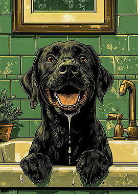 Black Labrador in Bathtub