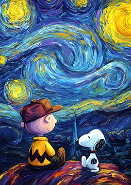 Charlie Brown and Snoopy under Starry Night
