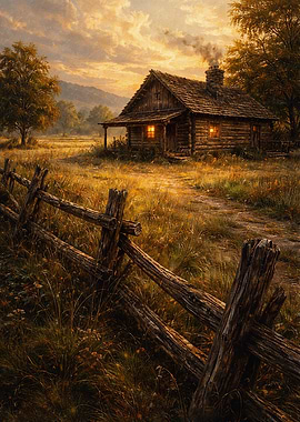 Cozy Log Cabin at Sunset